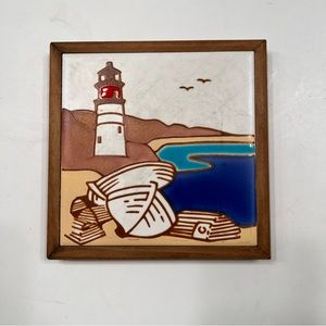 Vintage Wood Framed Art Title Hand Painted Lighthouse‎ Made in USA